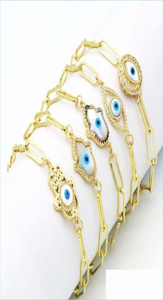 

charm bracelets real gold plated cz fatima hand evil eye charm copper chain bracelet jewelry for man woman drop delivery bracelets6136508, Golden;silver