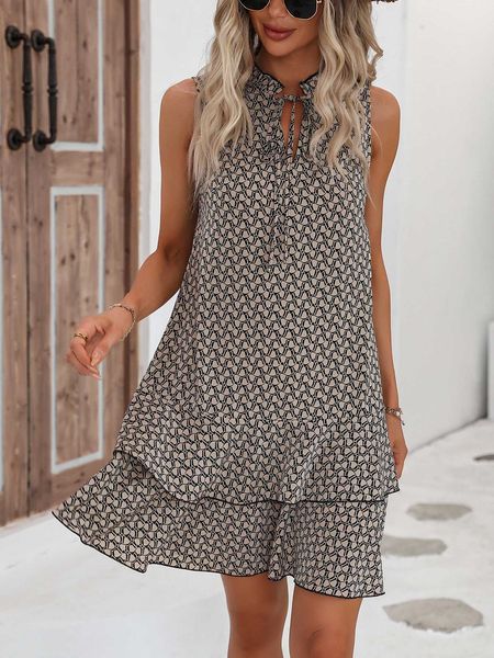 

women's clasi allover tie neck layer dress, Black;gray