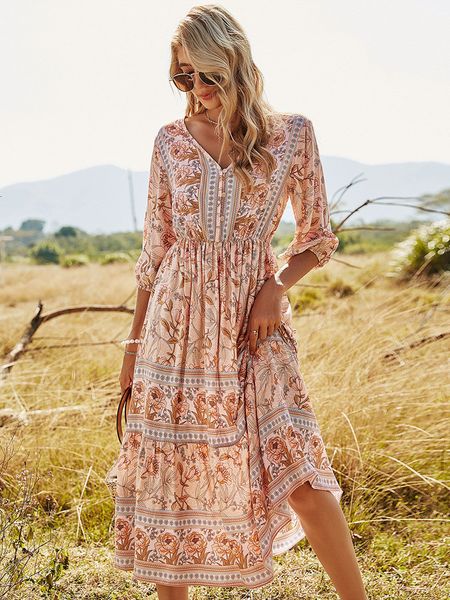 

basic casual dresses msfilia spring bohemia flower dress women's casual v-neck half sleeve fashion print summer dress 230711, Black;gray