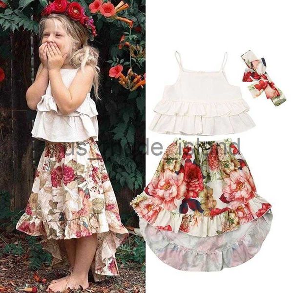 

clothing sets summer flower girls suits beach kids suits fashion girls outfits tank +long skirts+ headband 3pcs/set girls clothes x0712, White