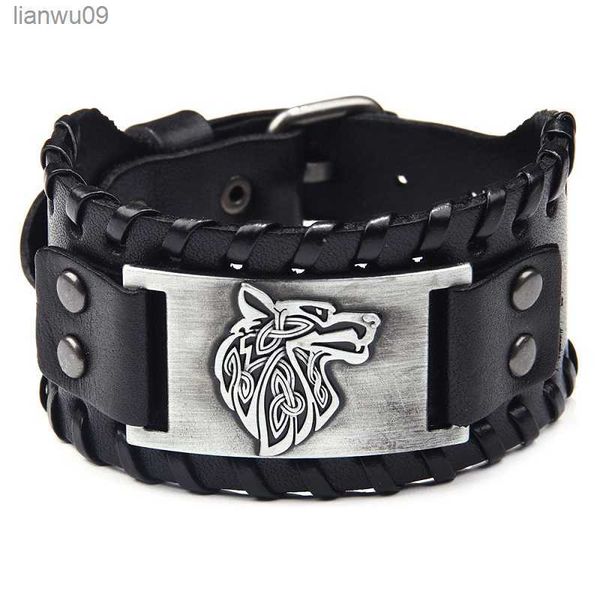 

vintage viking leather braided bracelet for men celtic wolf head bracelets classic animal motifs jewelry on the hand accessories l230704, Black