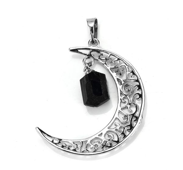 

whole 10 pcs unique silver plated irregular shape natural black tourmaline crescent moon stone pendant charm jewelry7229261