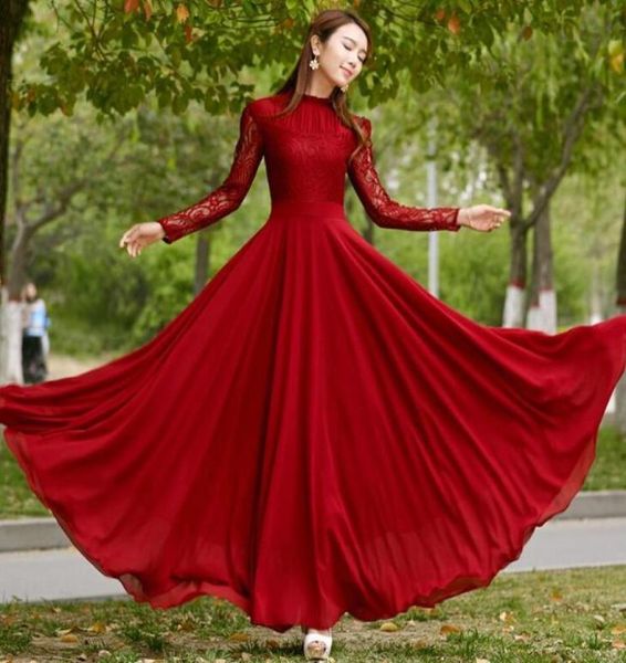 

casual dresses vintage elegant women lace chiffon long sleeve maxi dress fashion boho party clothes woman vestidos4414353, Black;gray