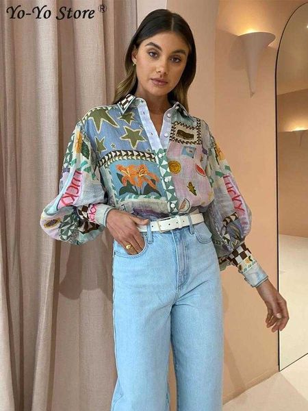 

women's blouses shirts colorful print long lantern sleeve shirt women summer beach holiday loose shirts female fashion single breasted, White