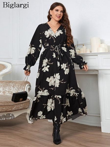 

plus size dresses size summer floral dres black flower print long sleeve pleated ruffle ladies fashion woman dress 2023 230711