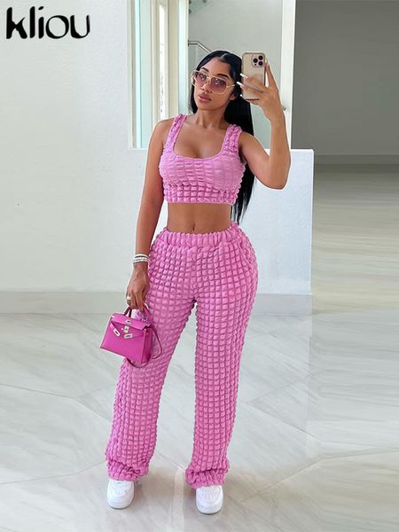 

women's two piece pants kliou solid stacked two piece set women casual square collar slim camisole loose high waist straight pants lady, White