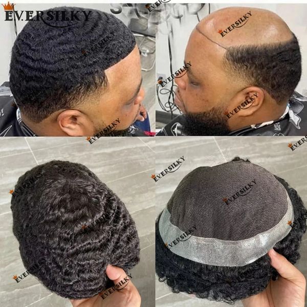 

10mm off black human hair men's toupee swiss lace with pu base breathable hair replacement durable prosthesis for black men