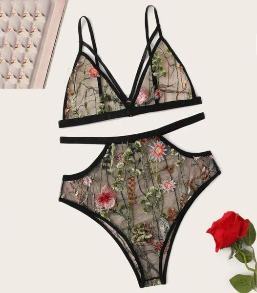 

bra transparent underwear set women flower embroidery lengerie erotic push up bralette seamless g string pantiesw5981441, Red;black