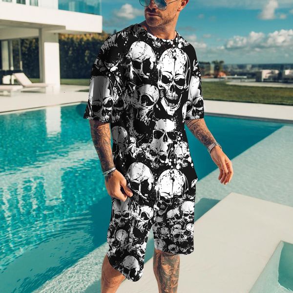 

men's tracksuits summer tshirt shorts 2 pieces set tracksuit oversized clothes vintage streetwear skull 3d printed men sets short outfi, Gray