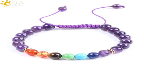 

csja amethyst natural stone bracelets purple quartz 7 chakra beads handmade braided rope adjustable yoga women healing points brac1948997, Black