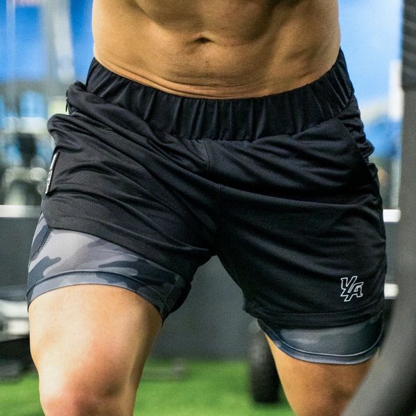 

men's shorts running shorts men fitness sports jogging double-deck short pants sportwear training sport gym shorts male men's summ, White;black