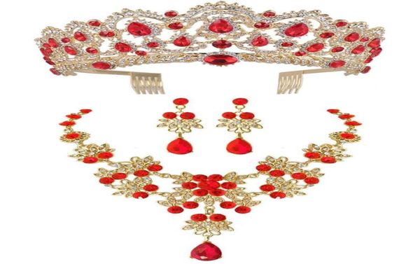 

baroque vintage gold red green blue crystal bridal jewelry sets necklace earrings crown with comb african beads jewelry sets8576496, Silver