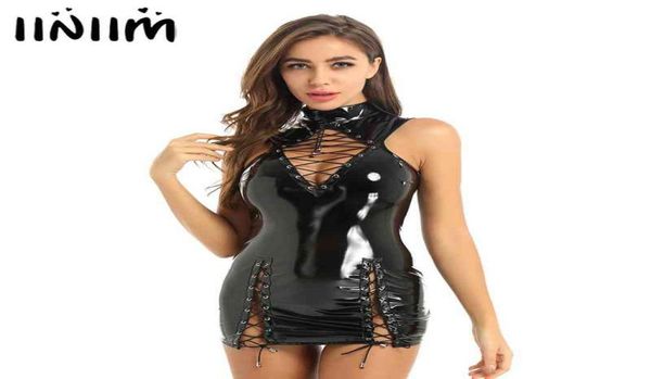 

women ladies wetlook bodycon mini dress pole dance outfit patent leather front hollow out lace up rave party clubwear2027228, Black;white