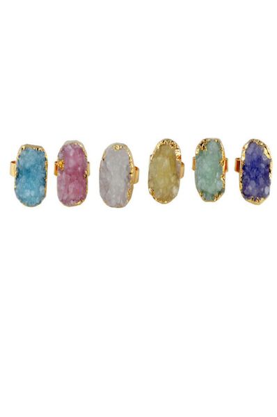 

irregular natural crystal druzy stone adjustable round square rings for women men fashion party club decor gold plated jewelry3474439, Golden;silver