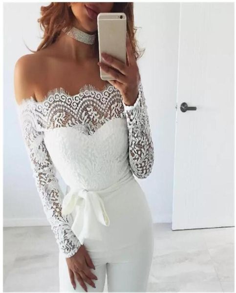 

women off shoulder long mesh sleeve trousers jumpsuits white lace playsuit jumpsuit black plus size sxl7975125, Black;white