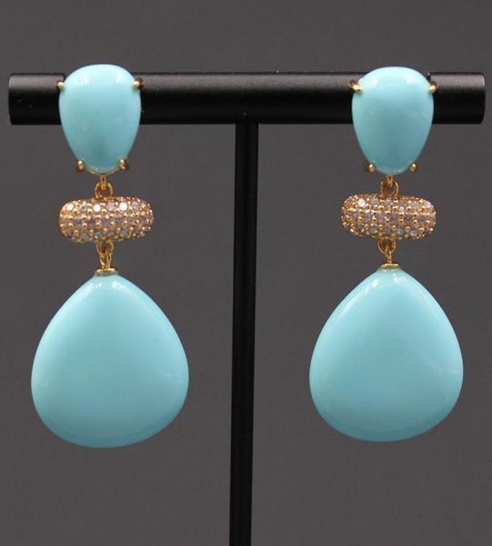 

guaiguai jewelry blue turquoises triangle water shape dangle cz beads wedding studs earrings handmade for lady1511348, Silver