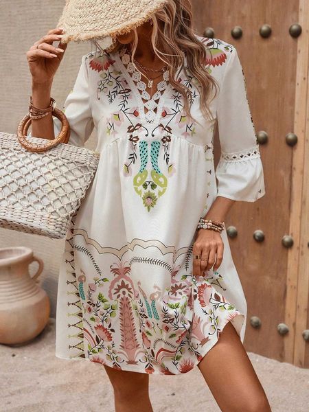 

floral v neck flounce sleeve smock dress, Black;gray