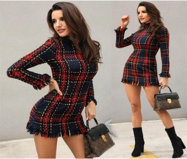 

autumn winter women elegant vintage casual long sleeve sheath dress female colorful plaid print tassels bodycon mini dress y2004182643259, Black;gray