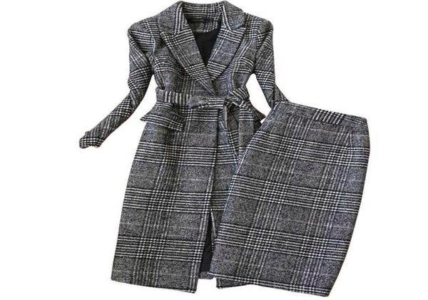 

work dresses plaid suit women autumn winter long woolen blazer skirt set temperament tweed trench two piece plus size outfit f187878229, White;black