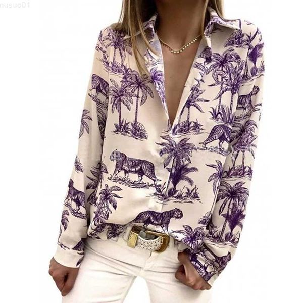 

women's blouses shirts spring fashion casual tiger print shirt women turn down collar button long sleeve coconut tree loose t-shirt blu, White