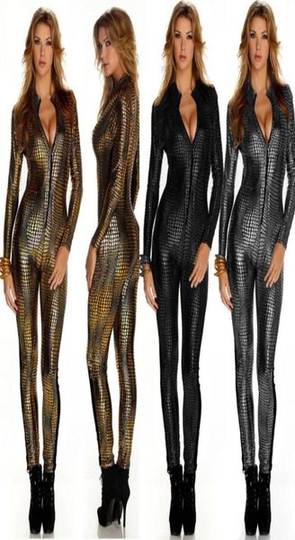 

new women metal snake skin faux leather zipper fornt bandage bodycon jumpsuit bodysuit catsuit overall golden black7637353, Black