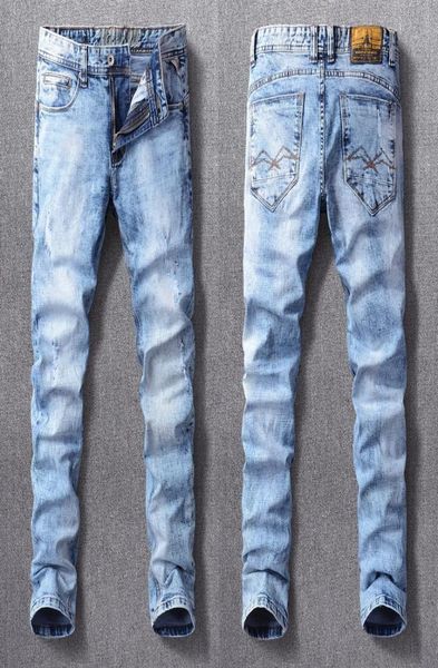 

men039s jeans ly designer fashion men retro light blue elastic slim fit ripped vintage casual denim frayed hole plain pants6792829