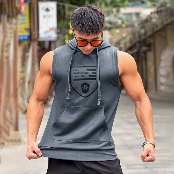 

men' tank hooded print cotton gyms clothing mens bodybuilding sleeveless vest sweatshirt fitness workout sportswear male 230711, White;black