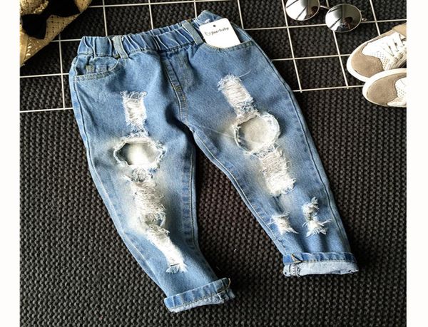 

boys girls hole jeans pants 16yrs kids trousers autumn fashion designer brand children denim pants casual ripped jeans 10061631480, Blue
