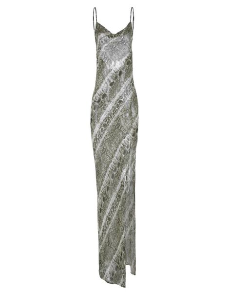 

fashion-summer drs 2019 new women chiffon strap dress snake skin print slip dress see through split backless maxi long7591130, Black;gray