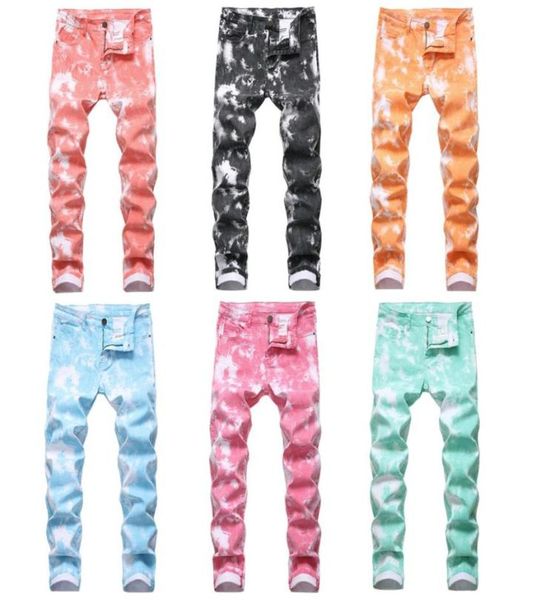 

colorful hawaiian style mens color stretch denim casual pants straight slim print trousers hip hop leisure vacation multicolor74532857596, Blue