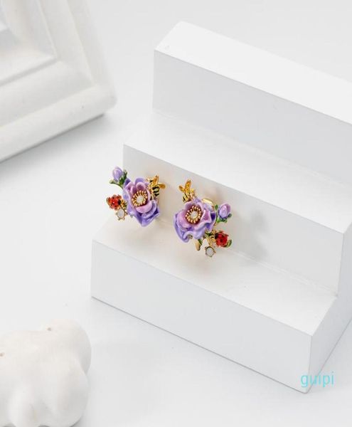 

stud jaeeyin 2021 delicate enamel rose flower gold color bee ladybirds colorful leaves earrings clip year gift girls1392138, Golden;silver