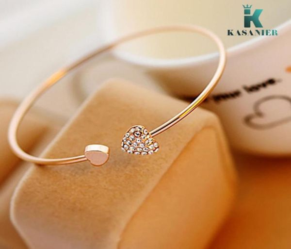 

kasanier gold adjustable woman crystal pulsera double heart shaped metal cuff bracelets bangle open bracelet for birthday presen4426790, White