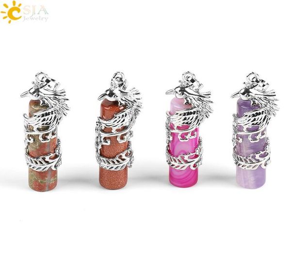

csja 19 colors silver phoenix wrap natural gemstone cylinder column agate pink rose quartz crystal pendants men jewelry women gift9881904