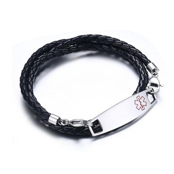 

engravingstainless steel medic tag with black braided leather triple wrap medical alert bracelets 25quot long for 3 layers9807233