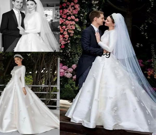 

miranda kerr wedding gown with long sleeve 2022 modest jewel muslim middle east 3d floral matte stain princess church royal weddin6276417, White