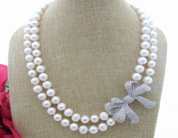 

hand knotted 4750cm 89mm white freshwater pearl necklace micro inlay zircon bowknot accessories8596411, Silver