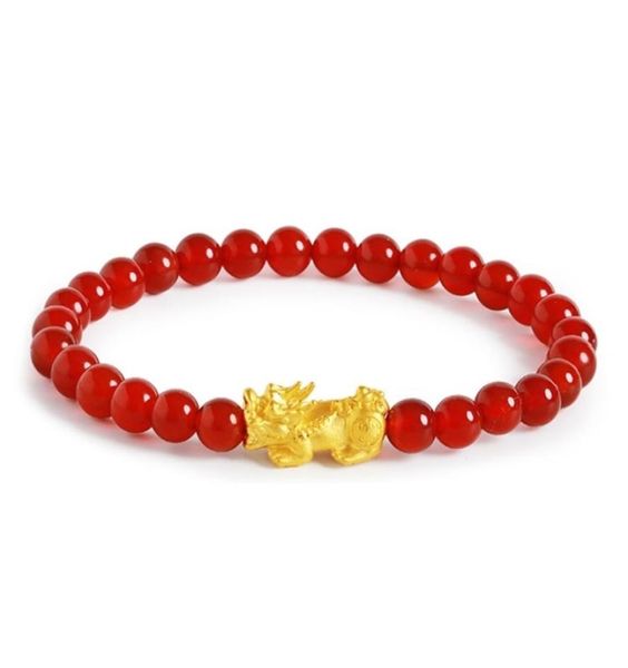 

999 real 24k yellow gold bracelet woman 3d luck bless pixiu charm with red agate beads adjustable 2203098034976, Golden;silver
