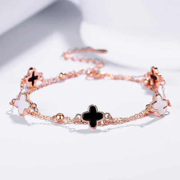 

rose gold four leaf clover five flower bracelet girls xia pure silver double-layer light luxury ins niche design high-grade hand ornament, Golden;silver
