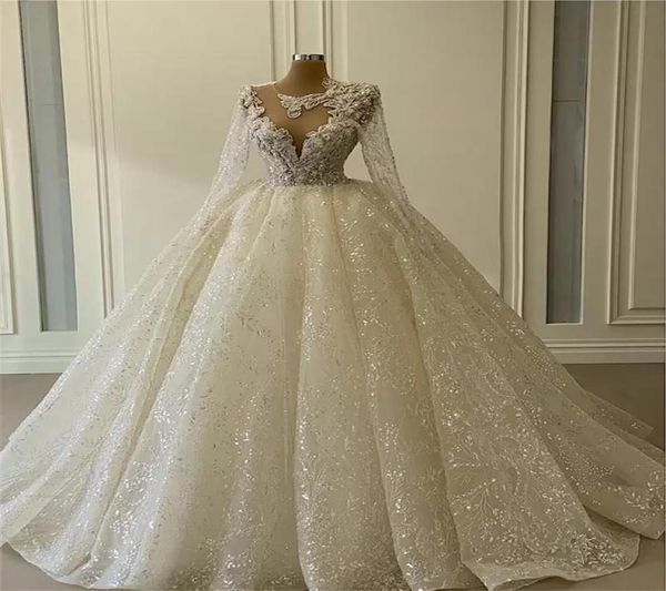 

glitter ball gown wedding dresses long sleeves sheer neck appliqued sequins beads bridal gowns luxury dubai custom made vestidos d3536717, White