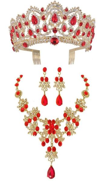 

baroque vintage gold red green blue crystal bridal jewelry sets necklace earrings crown with comb african beads jewelry sets1037911, Silver