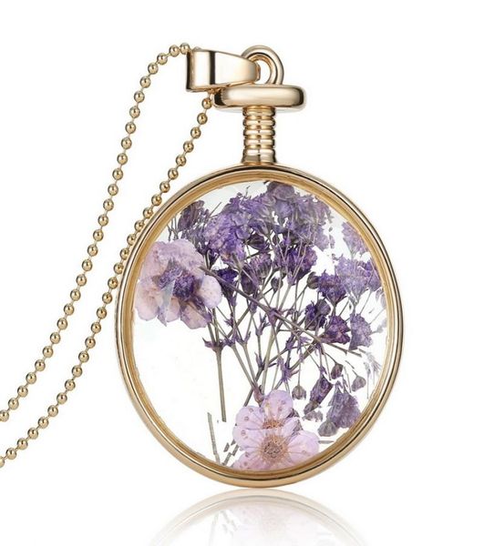 

romantic collares purple dry flowers crystal glass pendant necklace long gold chain necklace summer fine jewelry for women gift3172837, Silver