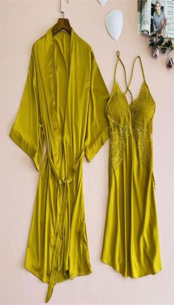 

women039s sleepwear women yellow kimono robe gown suit with belt vneck nightdress set lady casual lace home dress elegant2029264, Black;red
