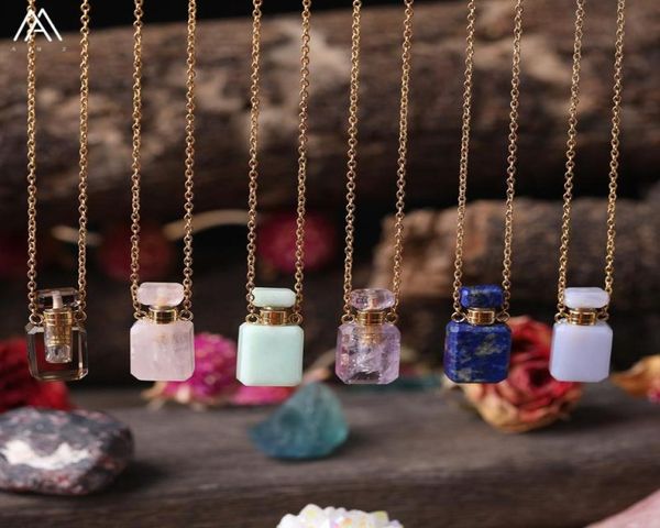 

plated gold chains small perfume bottle natural gemstones pendantsquartz crystal essential oil diffuser vial necklace charms6909340, Silver