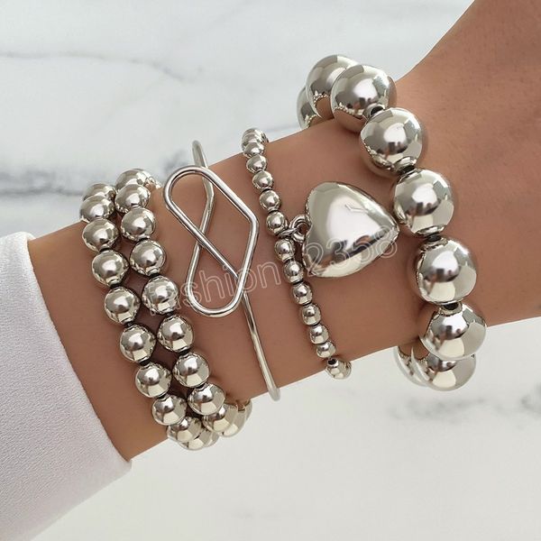 

exaggerated silver color beads chain bracelet for women men heart pendant elastic bracelets fashion jewelry gift, Golden;silver