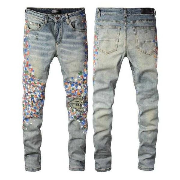 

2023 designer mens jeans pants ripped high street fashion brand motorcycle embroidery trendy long hip hop with hole blue###, Blue