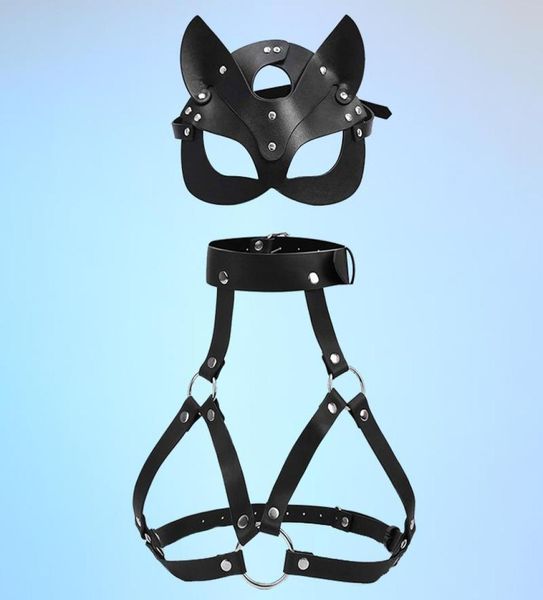 

garters women bondage body harness lingerie goth crop cage bra leather belt with mask rave wear for set8043369, Black;white