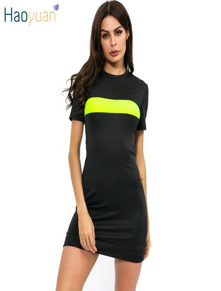 

haoyuan black t shirt dress summer clothes for women mini vestidos neon green splice causual short sleeve bodycon dresses1296342, Black;gray