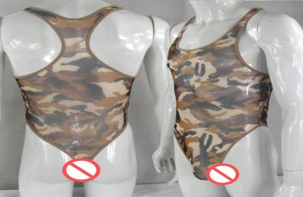 

mens thong back bodysuit stretchy high cut racer back g1280 camo print mesh cthru see through5489420, Black;brown