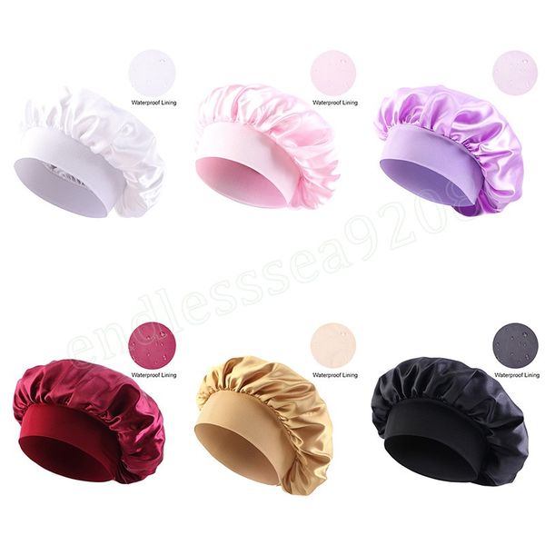 

shower cap with wide band resuable satin waterproof double-layer adjustable bath cap for women girls braids spa long hair hat, Blue;gray