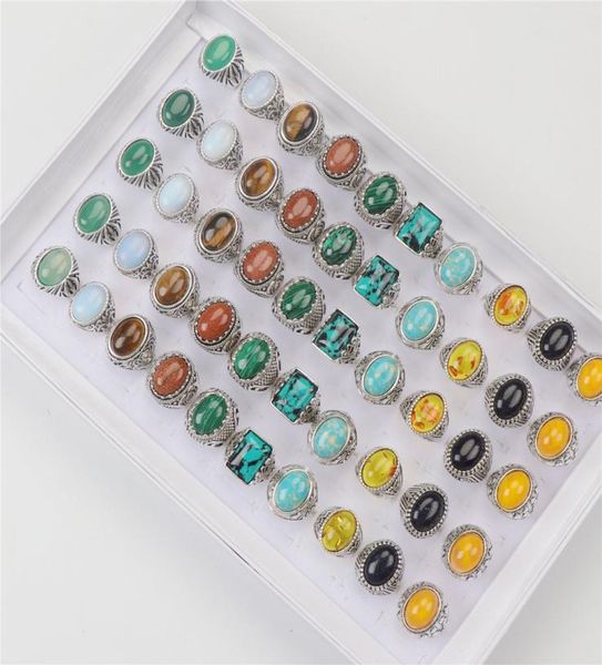 

20pcs rings men vintage multicolor mix natural stone agate malachite tigereye silver color ring for women fashion jewelry party1521226